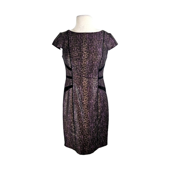 Adrianna Papell Metallic Purple & Gold Lace Leopard Print Dress - Picture 1 of 7